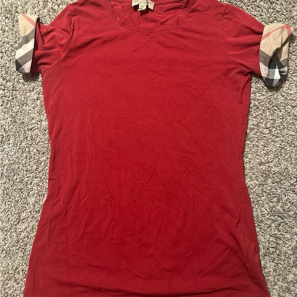 Burberry Red Tee with Patterned Sleeves